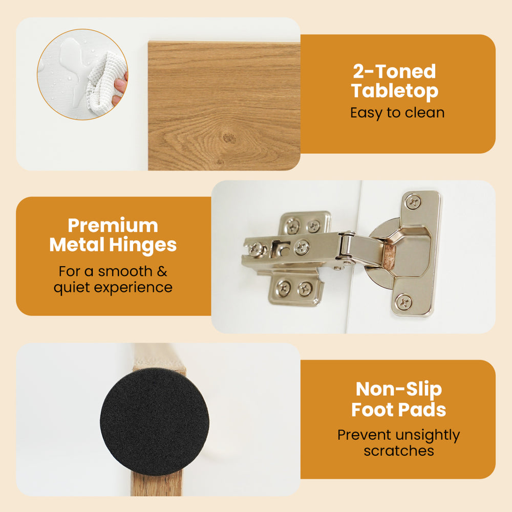 2-toned tabletop of the Modern TV Stand, featuring premium metal hinges and non-slip foot pads for stability.