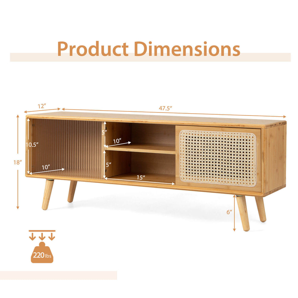 Modern TV stand with rattan sliding doors, bamboo construction, and adjustable shelves for stylish storage.