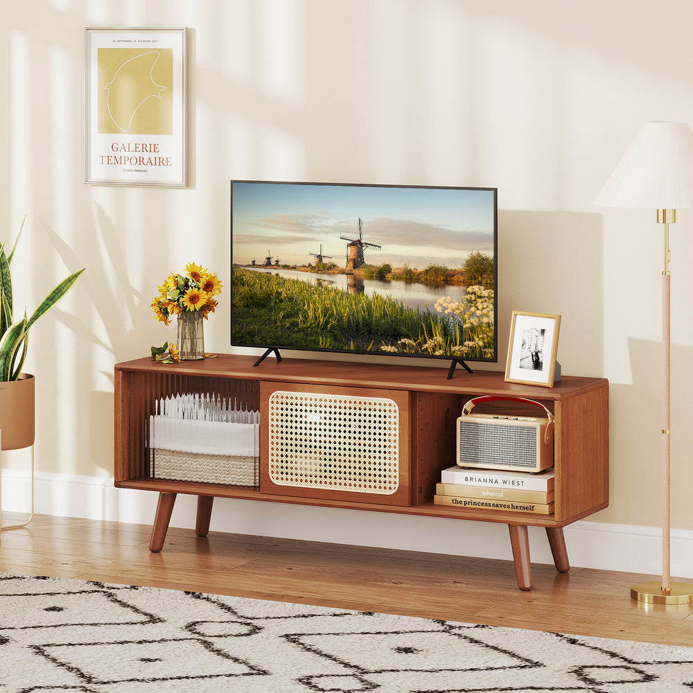 Modern TV Stand with Rattan Glass Sliding Doors-Brown - Gallery View 1 of 10