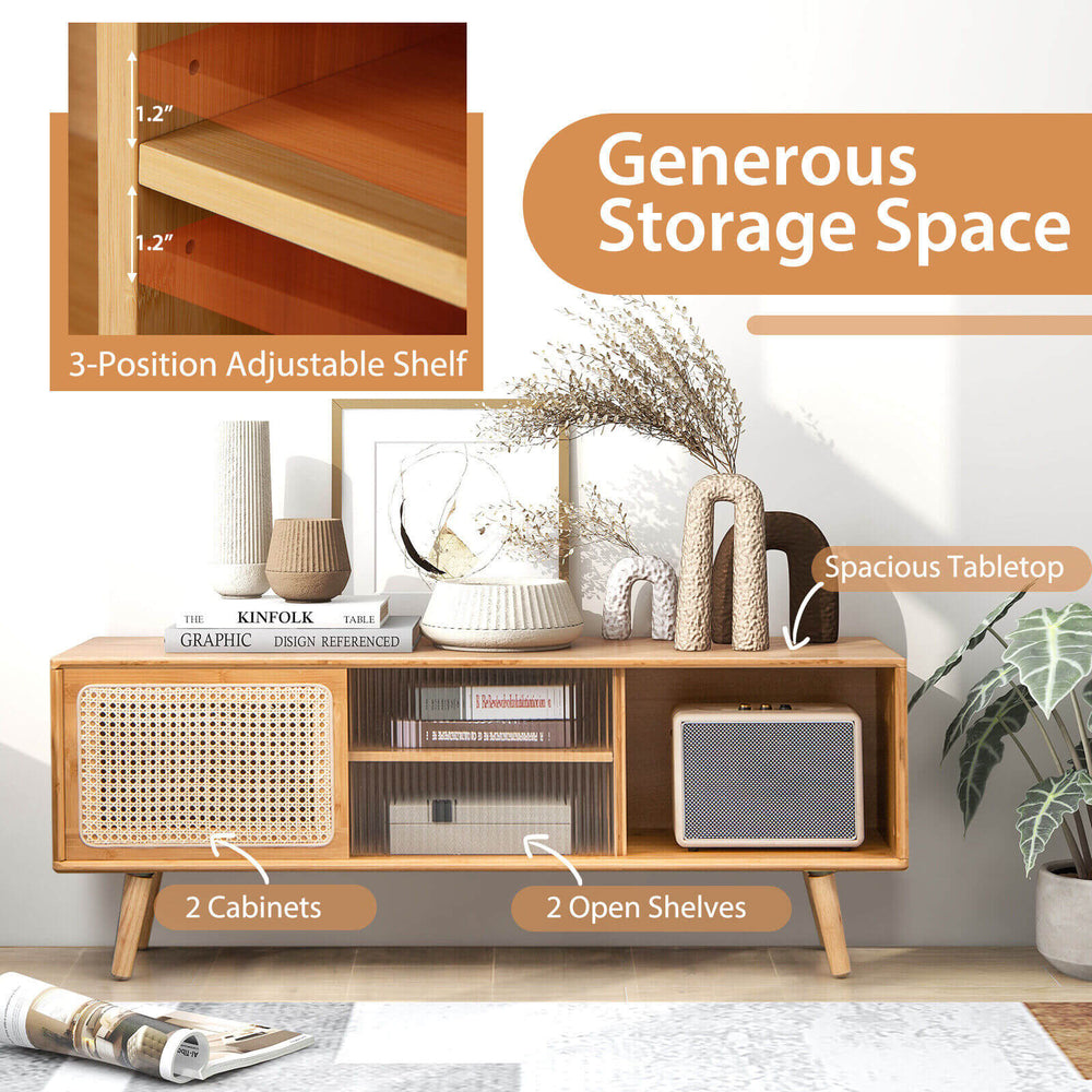 Modern TV stand with rattan sliding doors, adjustable shelf, and spacious tabletop for stylish living room storage.