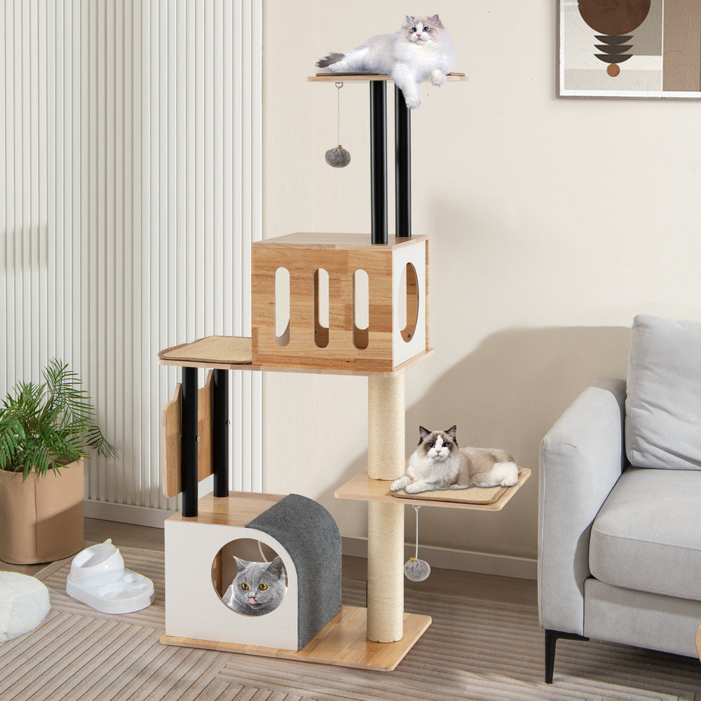 Modern tall cat tower with double condos, sisal carpets, and dangling balls for playful feline exploration and.