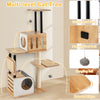Multi-level cat tree with natural finish, featuring double condos, dangling balls, and sisal carpets for scratching fun.