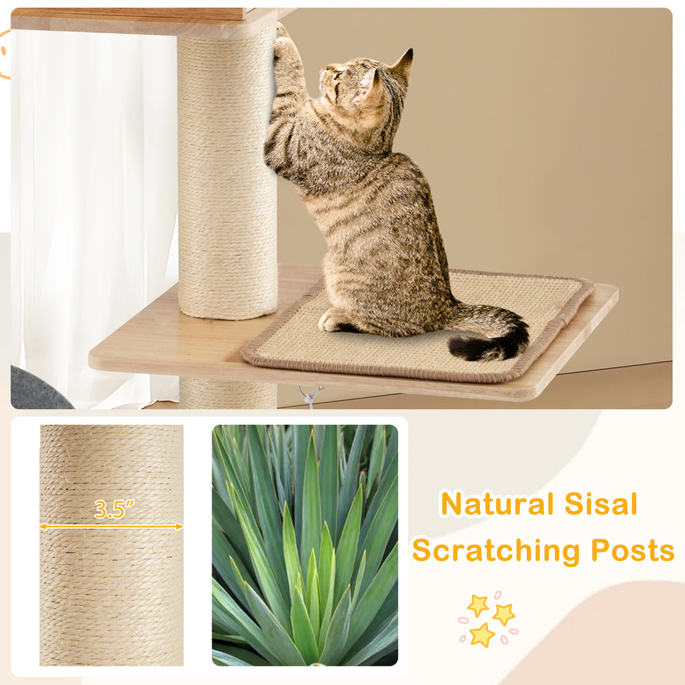 Sisal scratching post detail with natural texture, part of a modern tall cat tower for feline entertainment and.