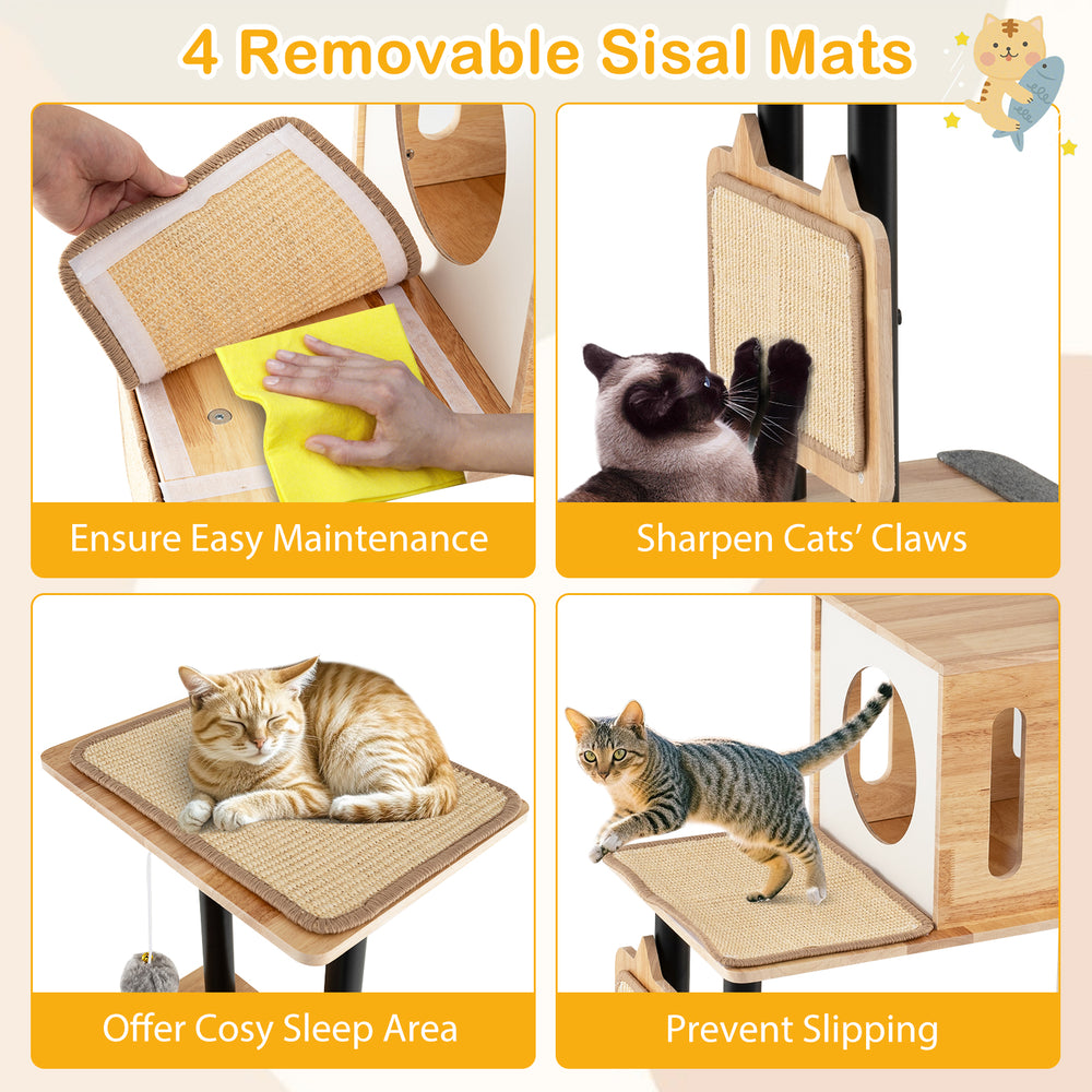 Detachable sisal mats on the Modern Tall Cat Tower provide a cozy sleep area and prevent slipping for playful cats.