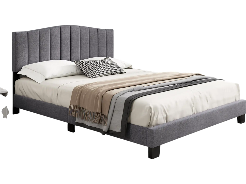 Modern upholstered queen bed frame with adjustable tufted headboard, featuring a soft linen fabric for comfort.