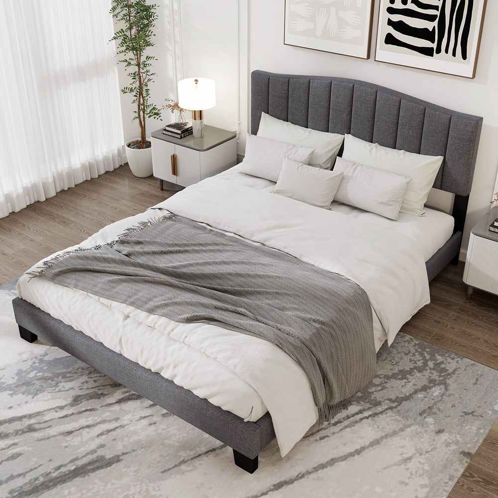 Queen size modern upholstered bed frame with adjustable tufted headboard, featuring a soft linen fabric for comfort.