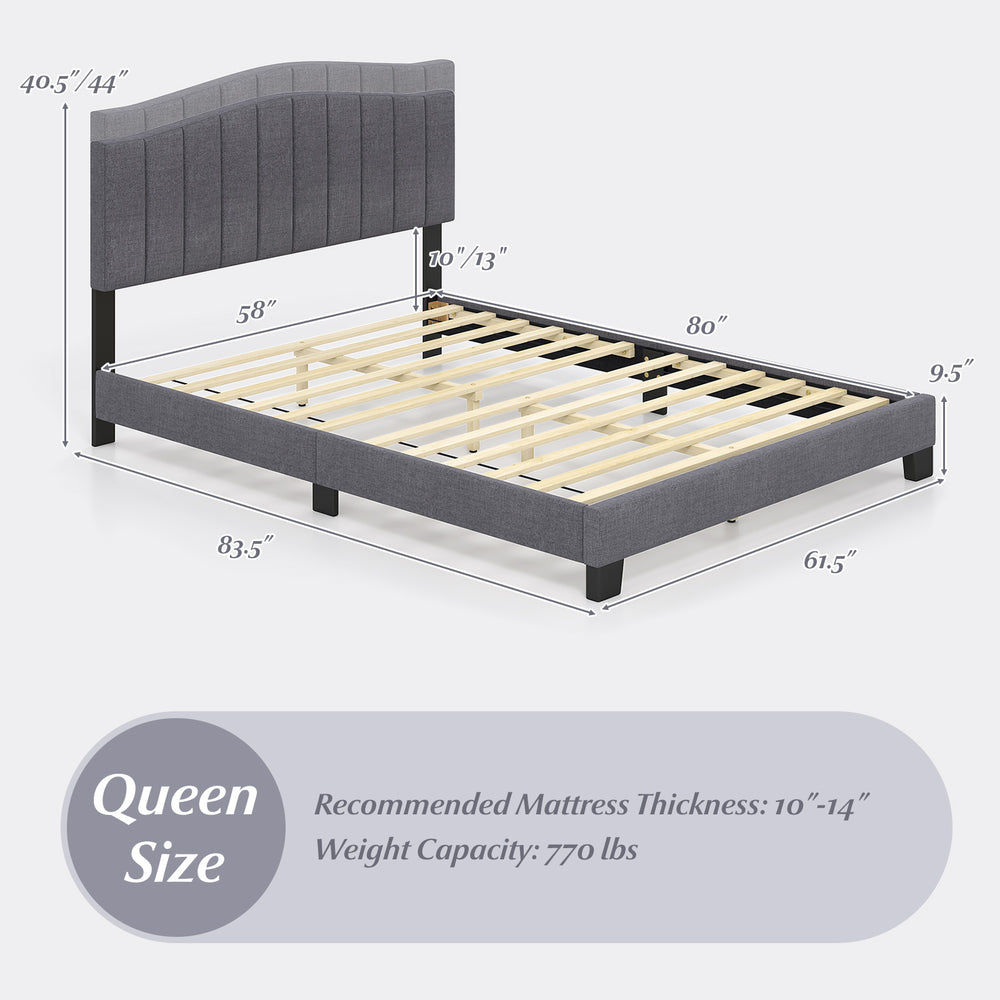 Queen size modern upholstered bed frame with adjustable tufted headboard, sturdy slats, and no box spring needed.