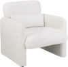 Modern white chenille accent chair with lumbar pillow, featuring ergonomic design for comfort in any room.
