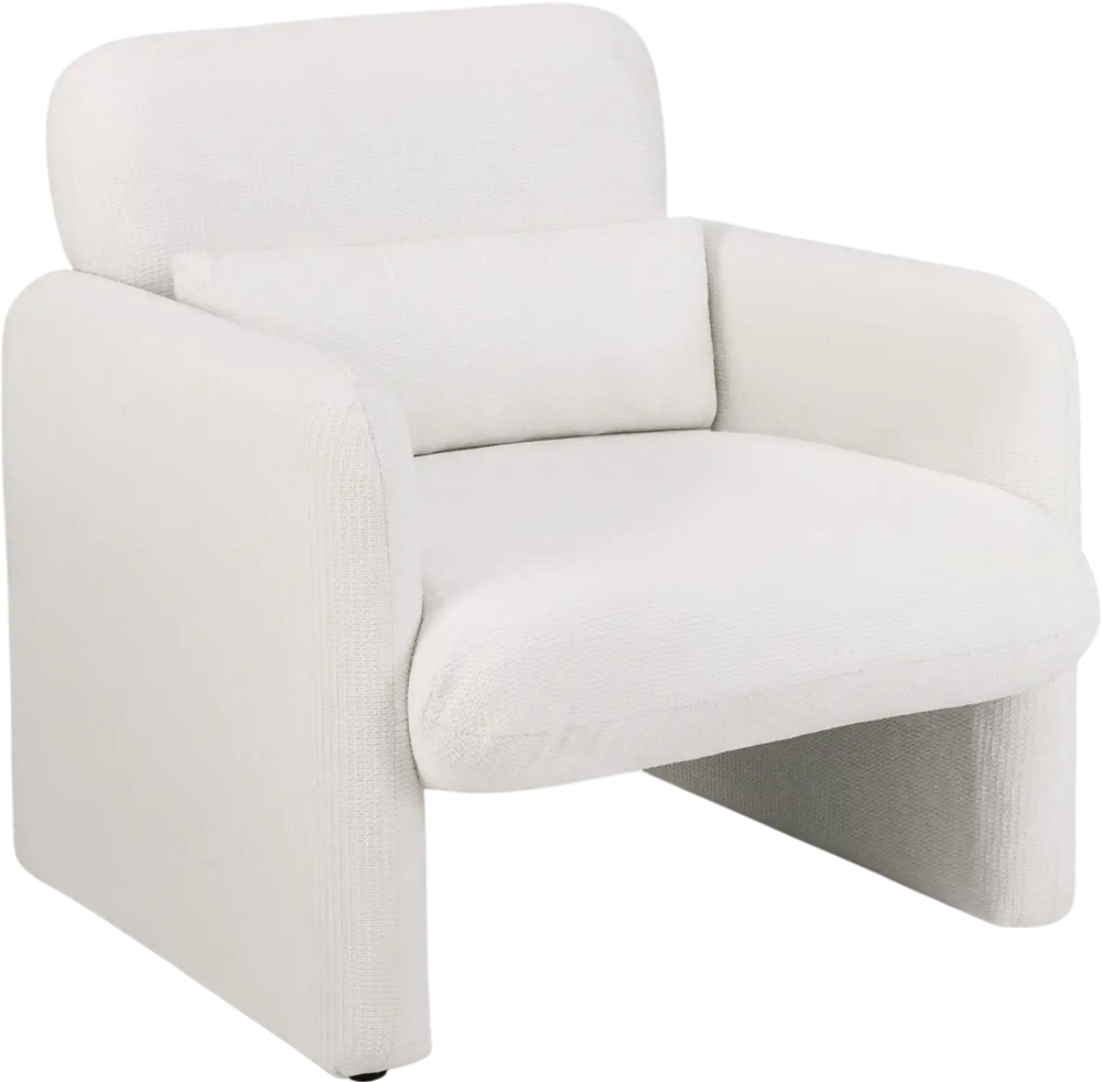 Modern white chenille accent chair with lumbar pillow, featuring ergonomic design for comfort in any room.