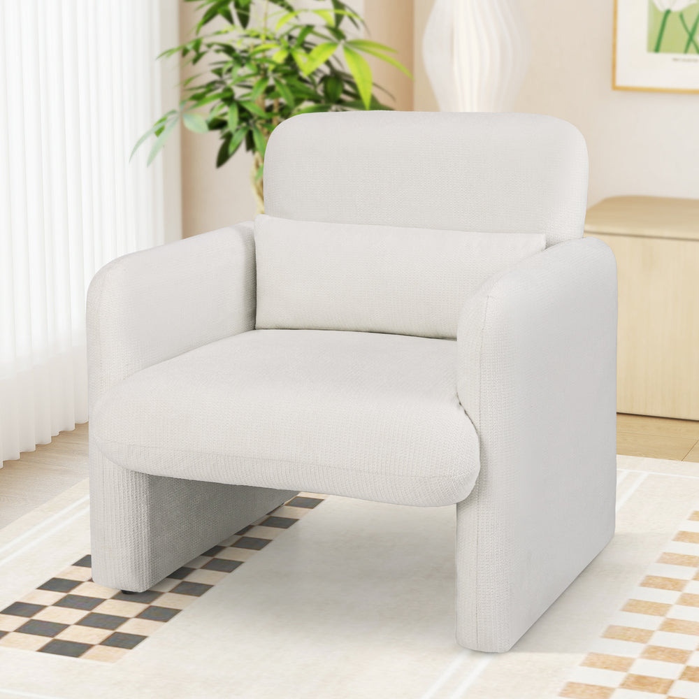 Modern upholstered chenille accent chair in white with removable lumbar pillow, ideal for living room or office comfort.