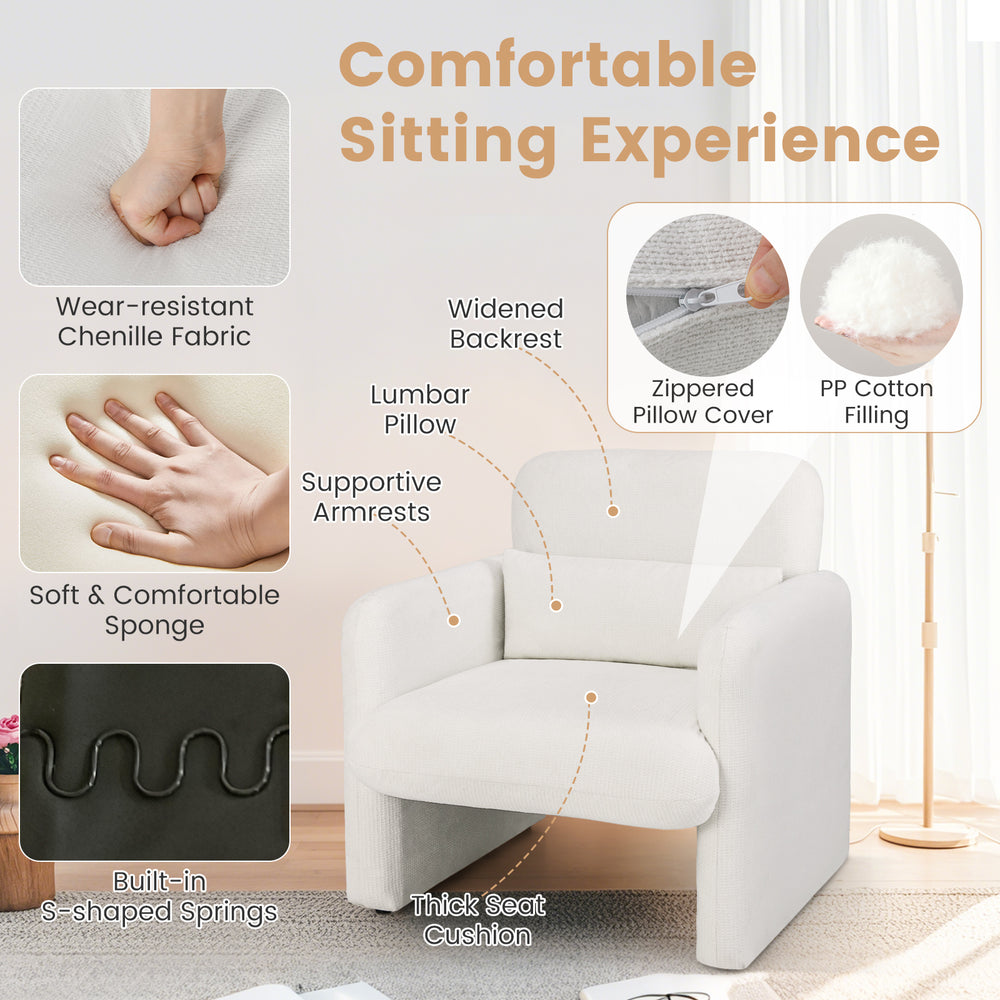 Modern upholstered chenille accent chair in white with a thick seat cushion and removable lumbar pillow for ergonomic.
