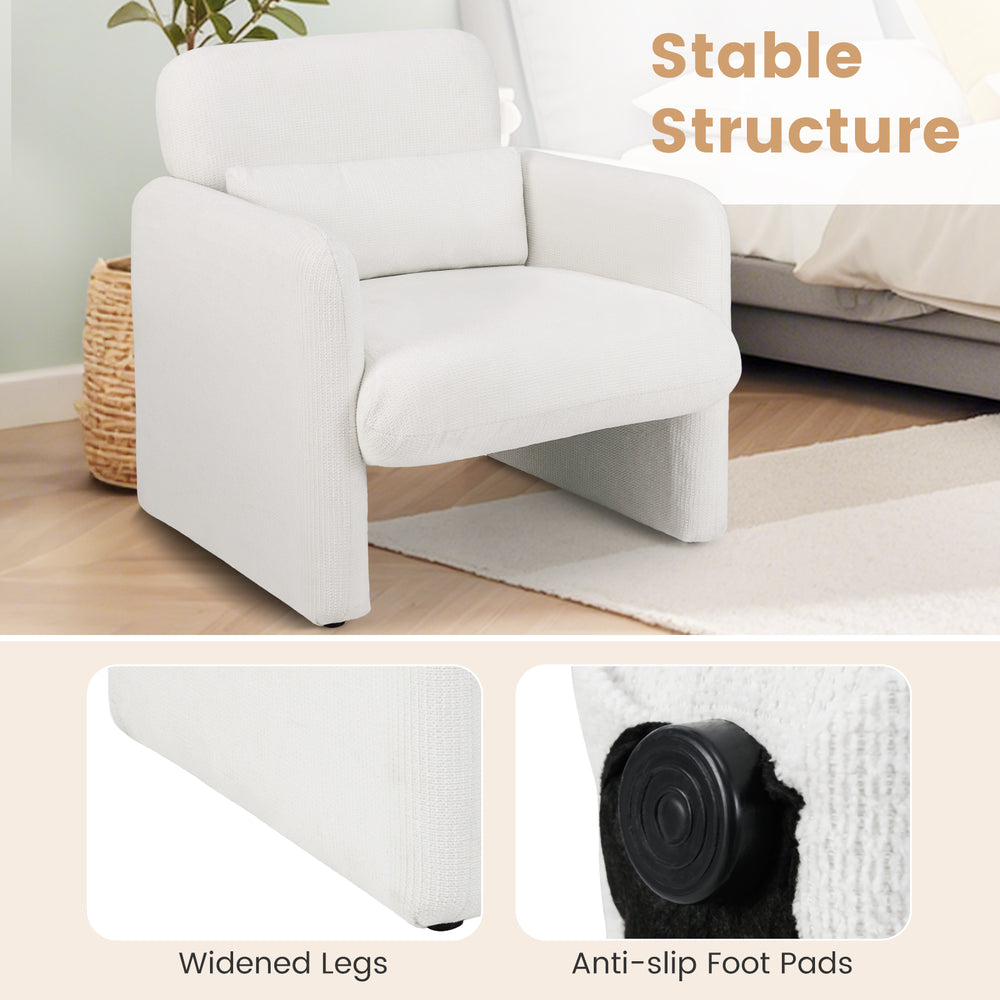 Modern upholstered chenille accent chair in white with widened legs and anti-slip foot pads, ideal for living room.
