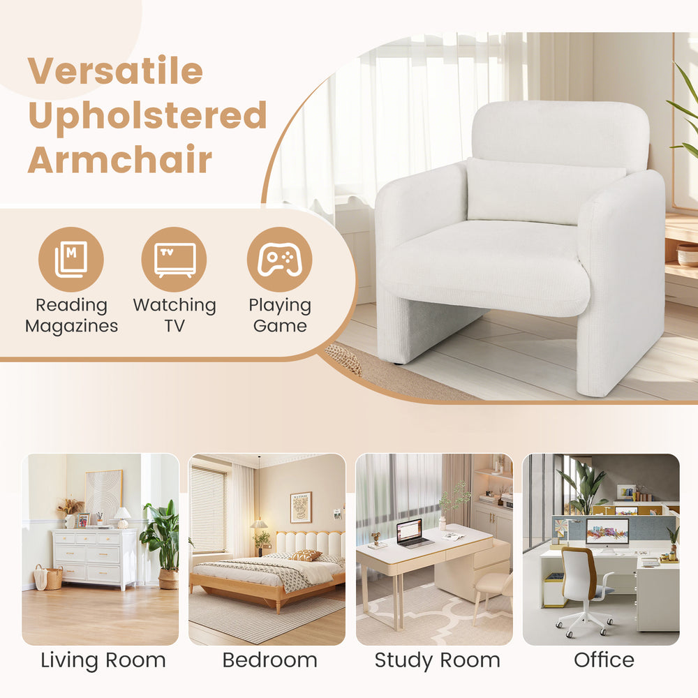 Modern upholstered chenille accent chair in white with removable lumbar pillow, ideal for living room or office.