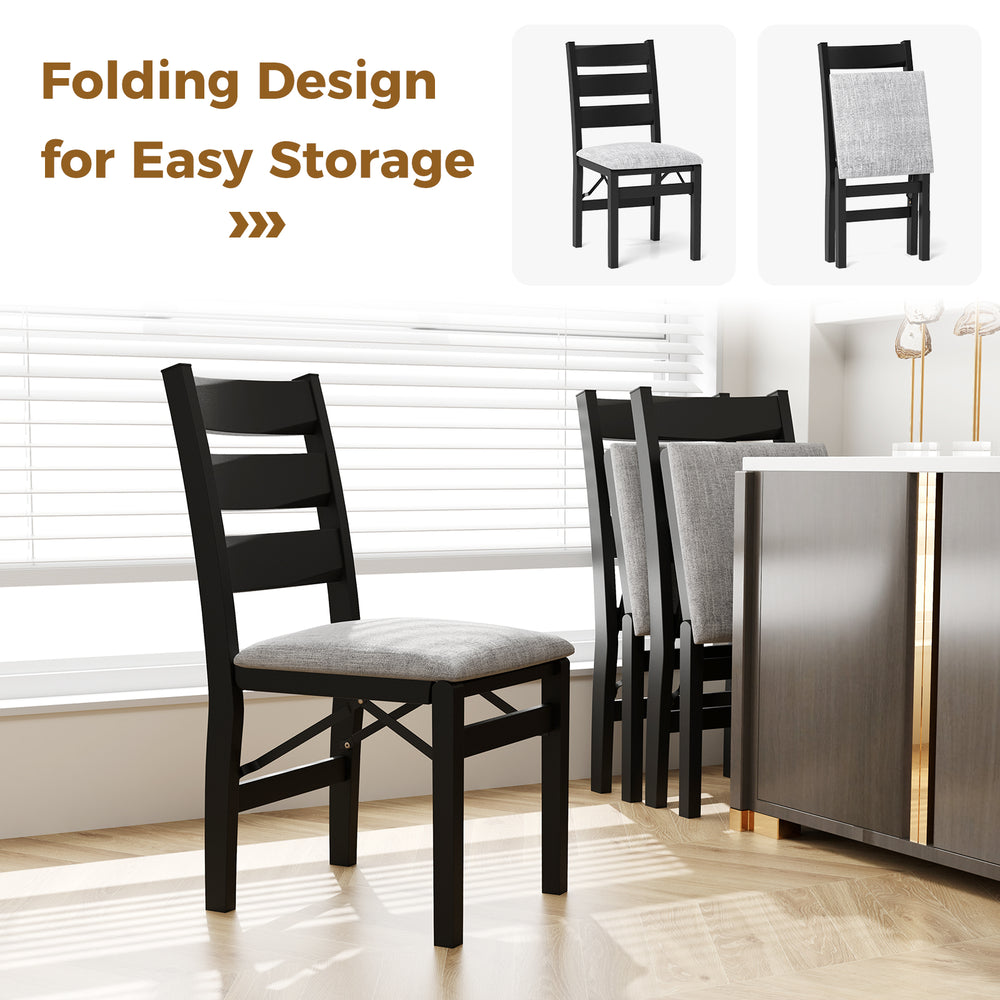 Black modern upholstered folding chair set with comfy backrest, perfect for dining rooms and easy storage.