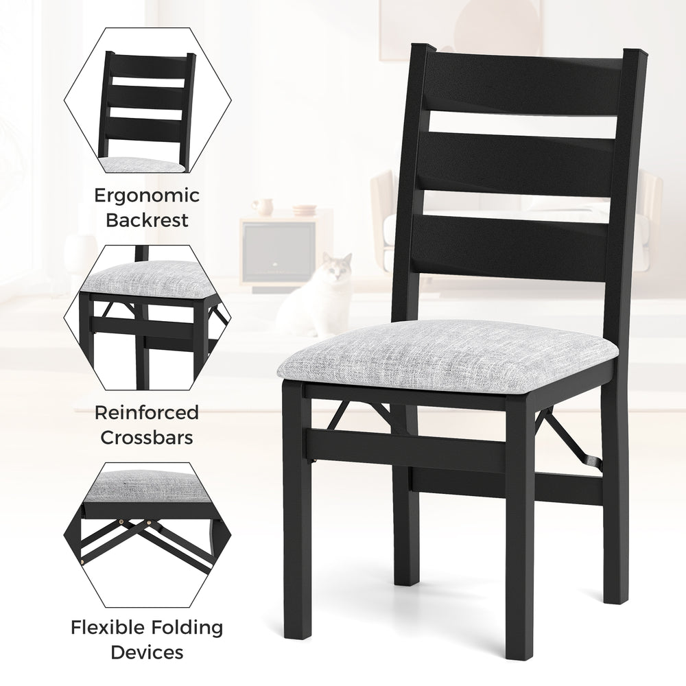 Modern black folding chair with ergonomic backrest and cushioned seat, ideal for dining rooms and gatherings.