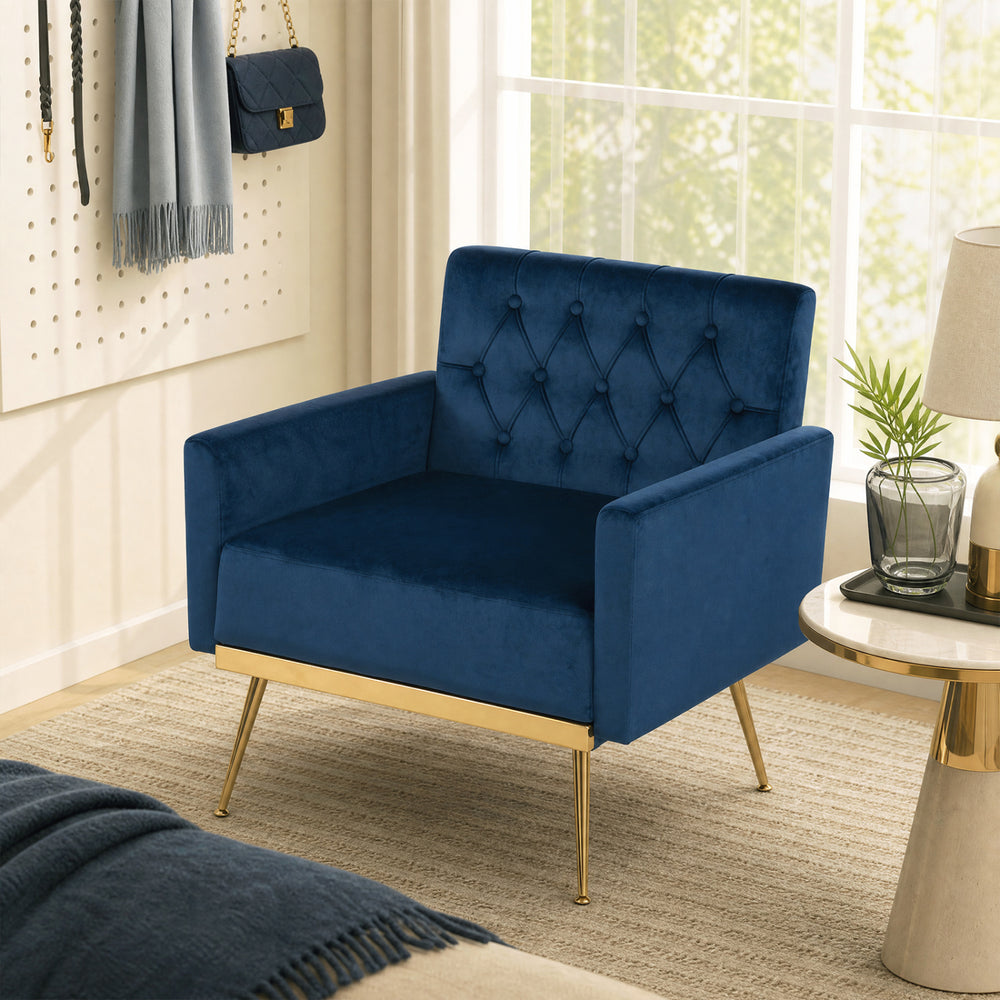 Modern Velvet Upholstered Accent Chair with Button-Tufted Back and Adjustable Feet-Blue - Gallery View 1 of 8