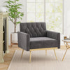 Modern gray velvet accent chair with button-tufted backrest and gold metal legs, perfect for living rooms or offices.