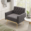 Gray velvet upholstered accent chair with button-tufted back and gold metal legs, perfect for living rooms or offices.