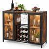 Modern wine cabinet in rustic brown with LED lights, featuring storage for 9 bottles and 6 glasses, perfect for entertaining.
