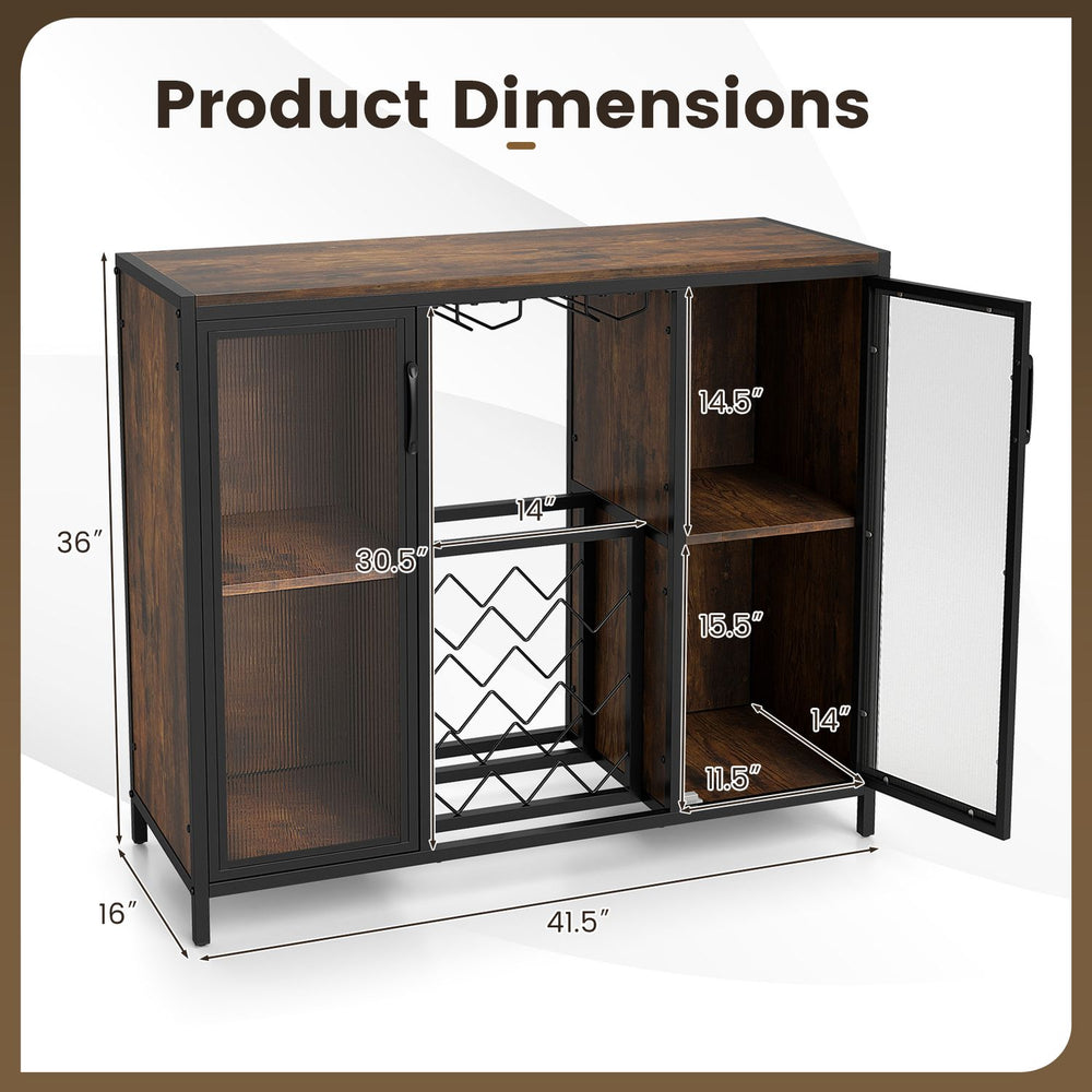 Rustic brown modern wine cabinet with LED lights, featuring storage for 9 bottles and 6 glasses, ideal for kitchen or living room.