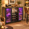 Modern wine cabinet in rustic brown with LED lights, featuring fluted doors and storage for 9 bottles and 6 glasses.