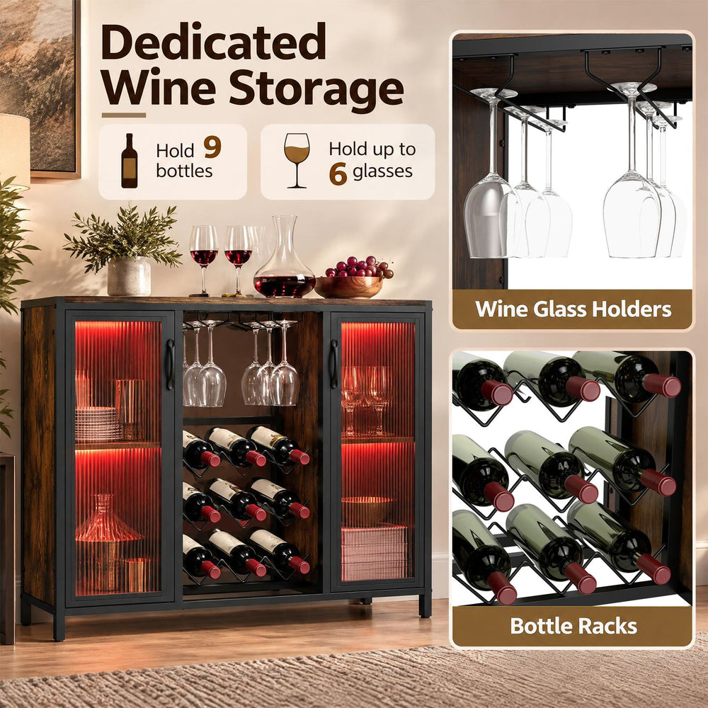Modern wine cabinet in rustic brown with LED lights, holding 9 bottles and 6 glasses, perfect for kitchen or living room.