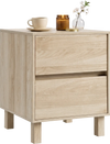 Modern wooden end table with two storage drawers in natural finish, perfect for minimalist home decor and daily storage.