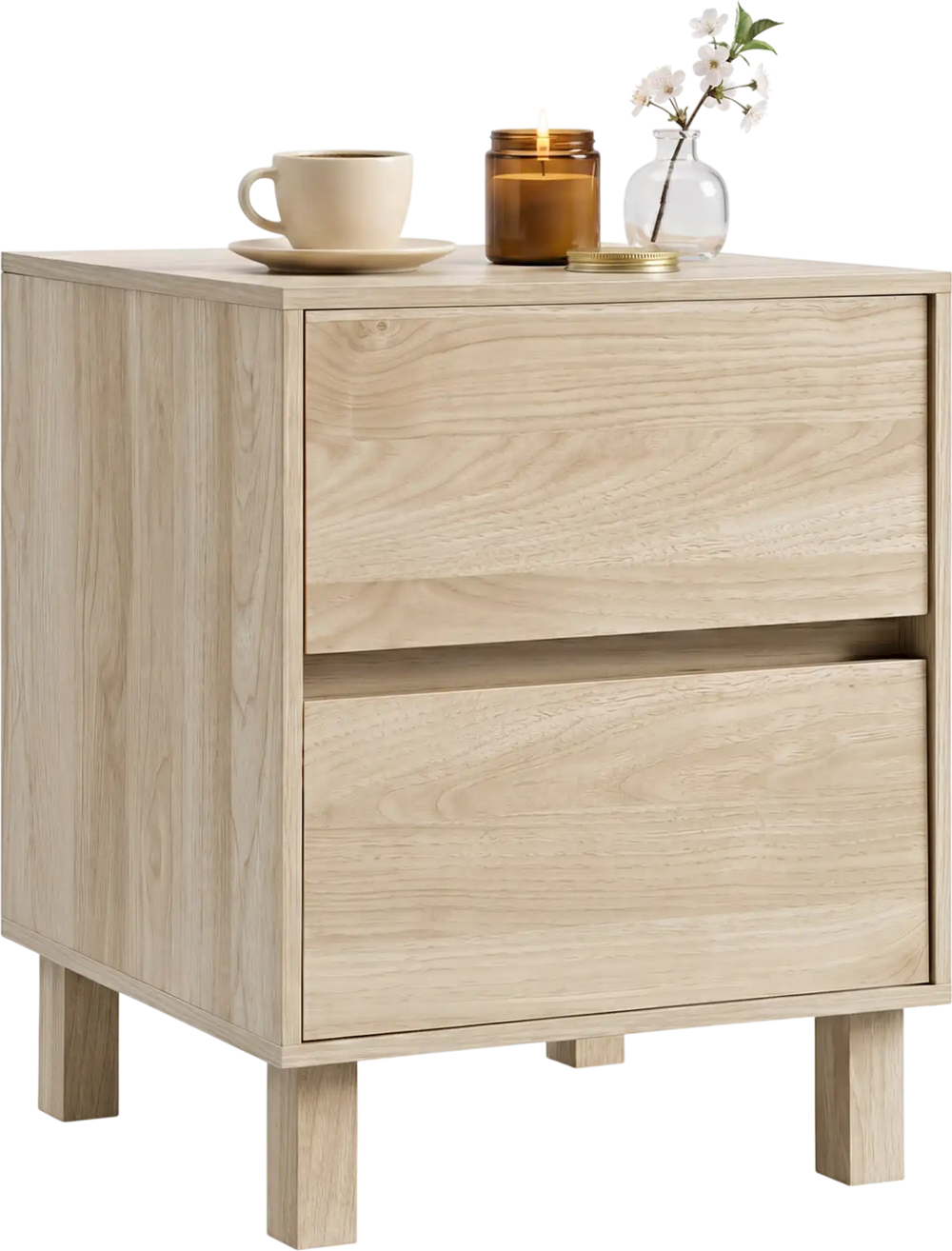 Modern wooden end table with two storage drawers in natural finish, perfect for minimalist home decor and daily storage.