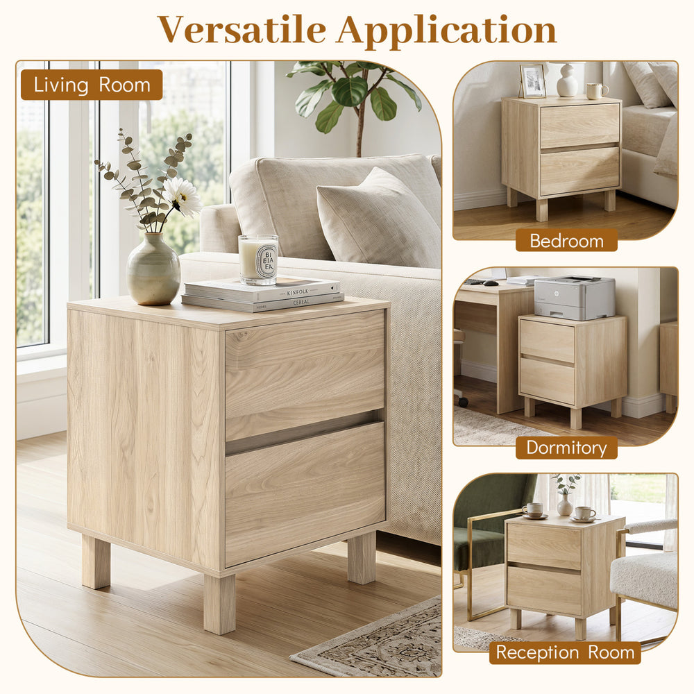 Modern wooden end table with two storage drawers in natural finish, perfect for living room or bedroom use.