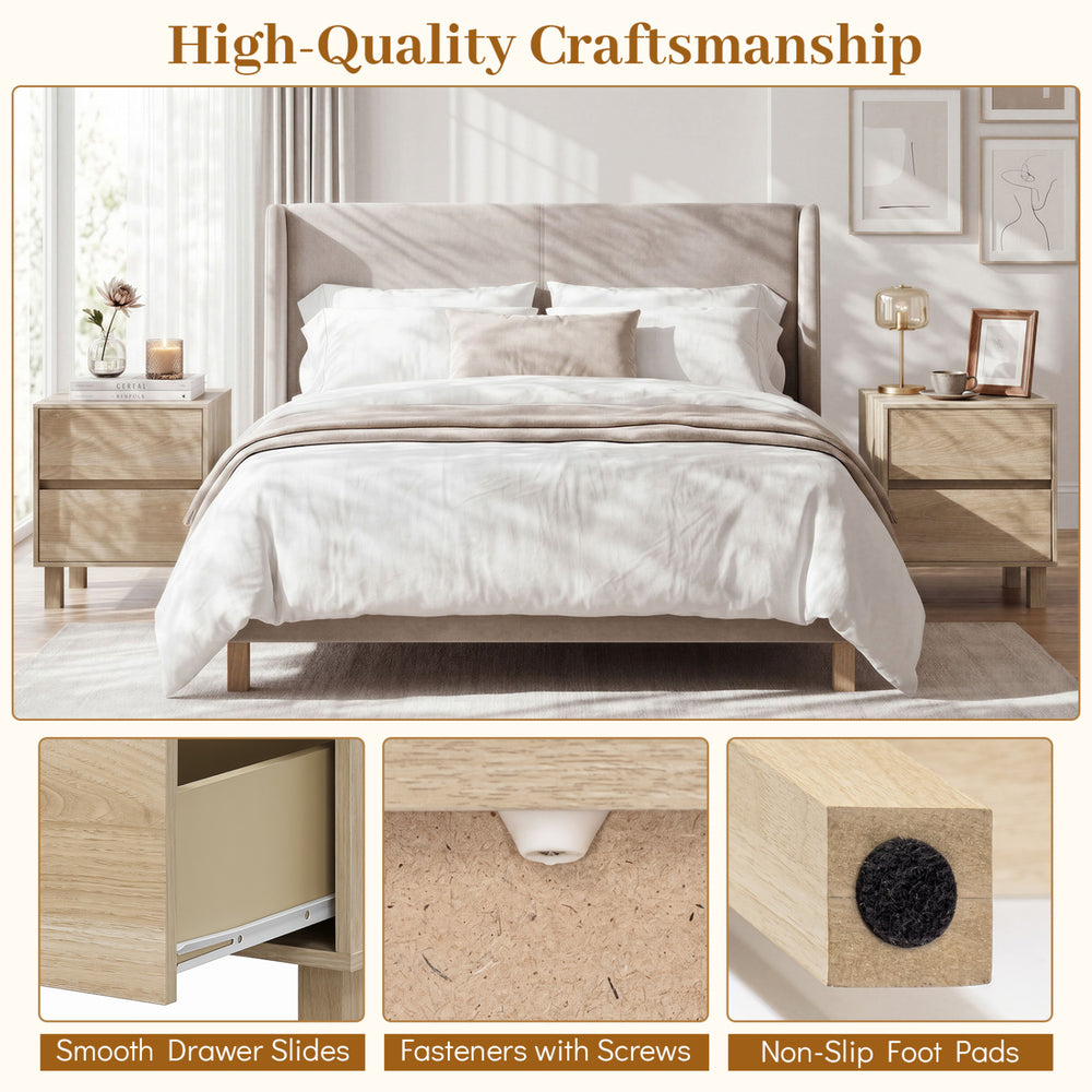 Modern wooden end table with two storage drawers, natural finish, ideal for bedroom or living room use.