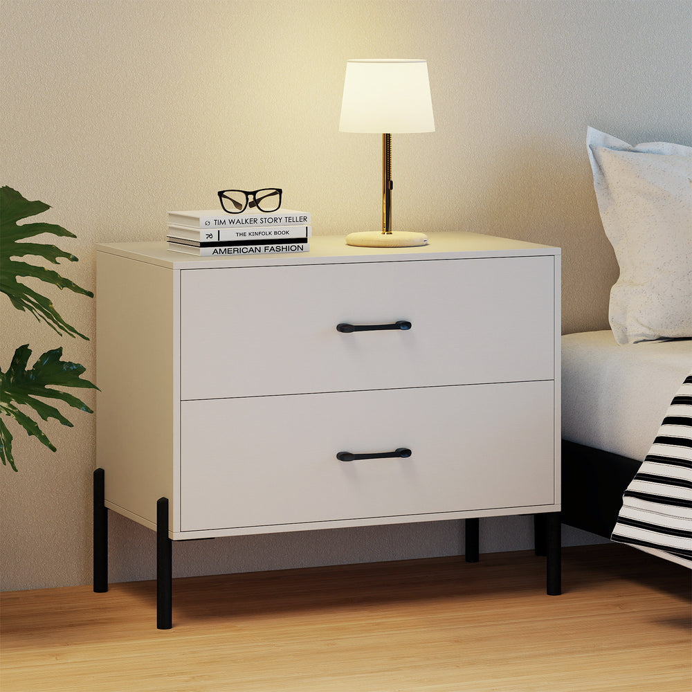 Modern wooden 2-drawer nightstand in white with metal legs and handles, perfect for bedroom or office storage.