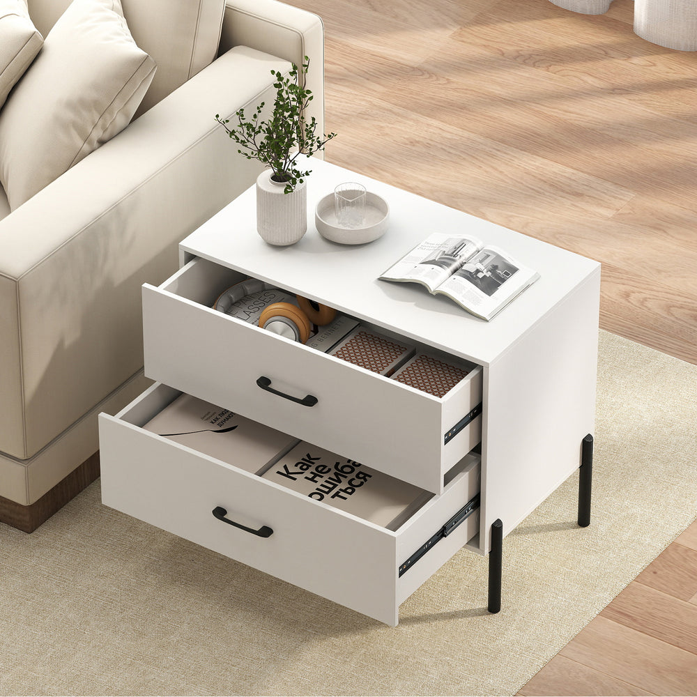 White modern wooden nightstand with two drawers, metal legs, and handles, perfect for bedroom or office storage.