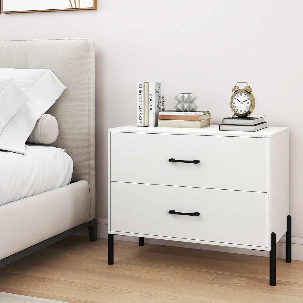 Stylish modern nightstand with two spacious drawers and metal legs, designed for easy access and efficient storage in.