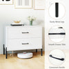 Modern wooden 2-drawer nightstand in white with metal legs, featuring spacious countertop and smooth drawer slides.