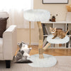 Modern wooden cat tree tower in white with plush fabric, featuring a cozy perch and natural jute scratching posts.