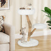 Three-tier modern wooden cat tree with white plush fabric, natural jute scratching posts, and cozy top perch for lounging.