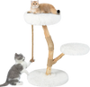Three-tier Modern Wooden Cat Tree Tower in white with natural jute scratching posts, perfect for climbing and lounging.