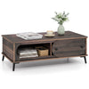 Modern wooden center table in walnut finish with two compartments and sturdy metal legs, ideal for living room storage.