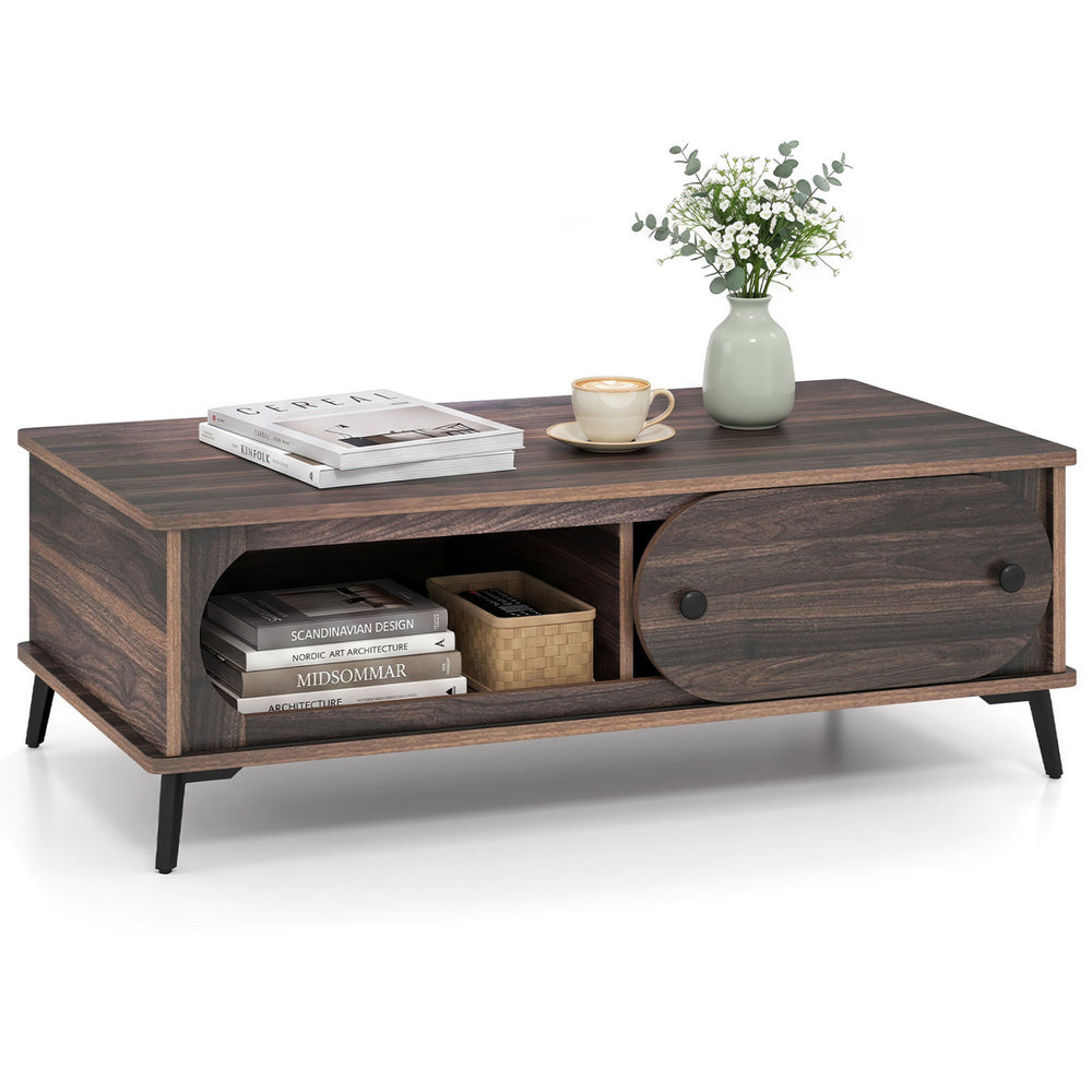 Modern wooden center table in walnut finish with two compartments and sturdy metal legs, ideal for living room storage.