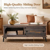 Modern wooden center table in walnut with sliding door, featuring two compartments and sturdy metal legs for living room storage.