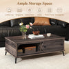 Modern wooden center table in walnut with two compartments and sturdy metal legs, ideal for living room storage and organization.