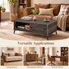 Modern walnut center table with two compartments and sturdy metal legs, perfect for living room or home office use.