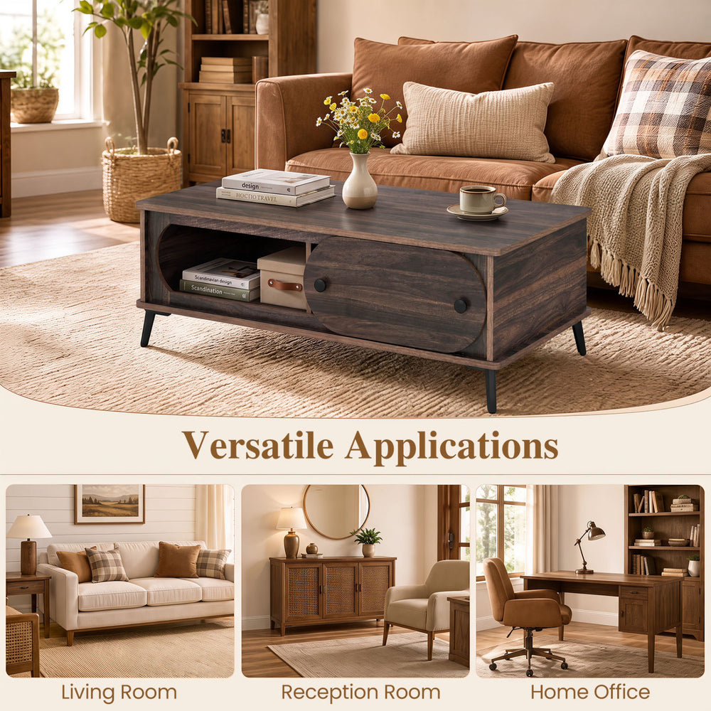 Modern walnut center table with two compartments and sturdy metal legs, perfect for living room or home office use.