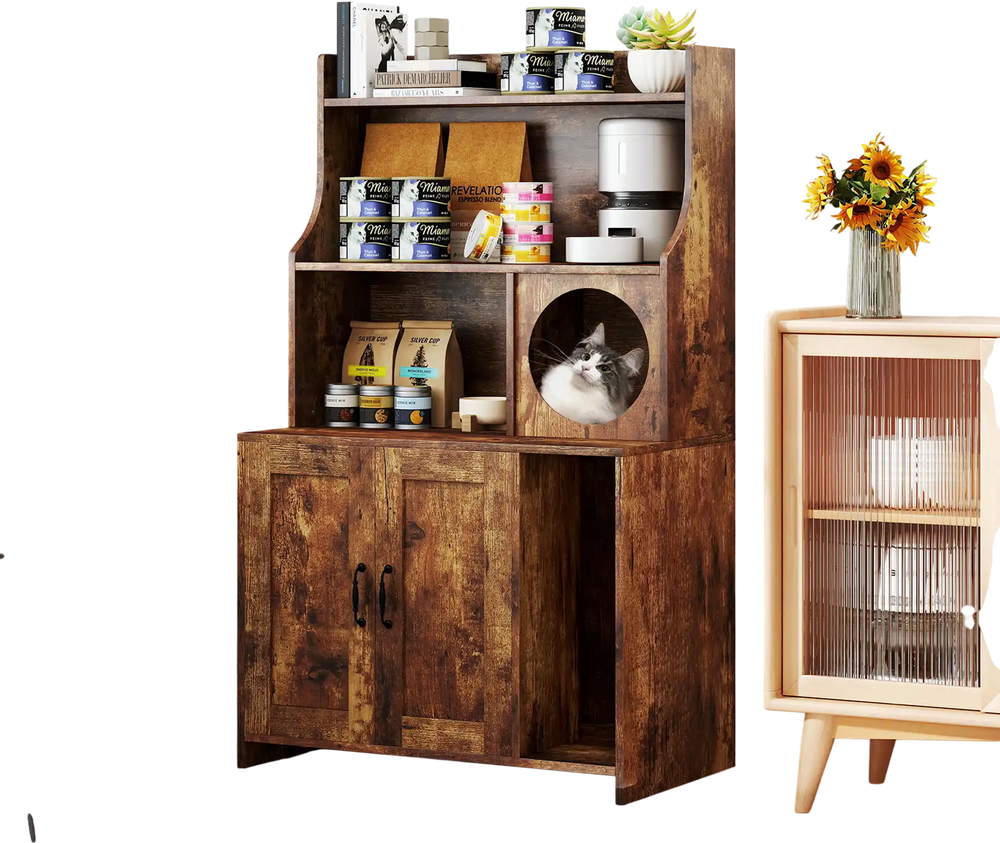Modern wooden cat litter box enclosure with storage shelves in brown, featuring open shelves and a cozy cat condo.