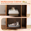 Modern wooden cat litter box enclosure with storage shelves, providing a cozy space for cats and organization for.