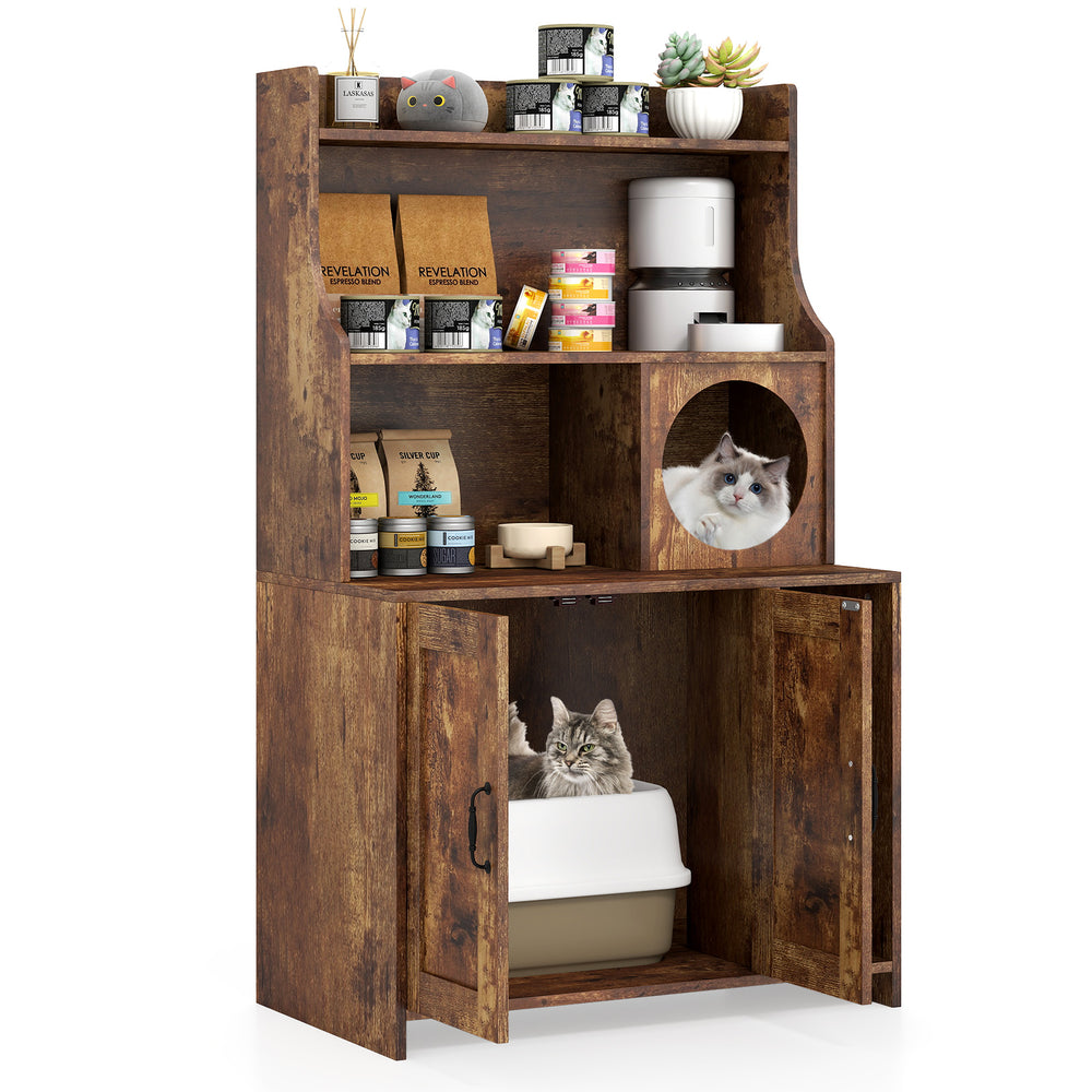 Modern wooden cat litter box enclosure in brown with storage shelves, providing privacy and organization for pet.