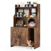 Modern wooden cat litter box enclosure with storage shelves, featuring a cozy cat condo and three open shelves for.