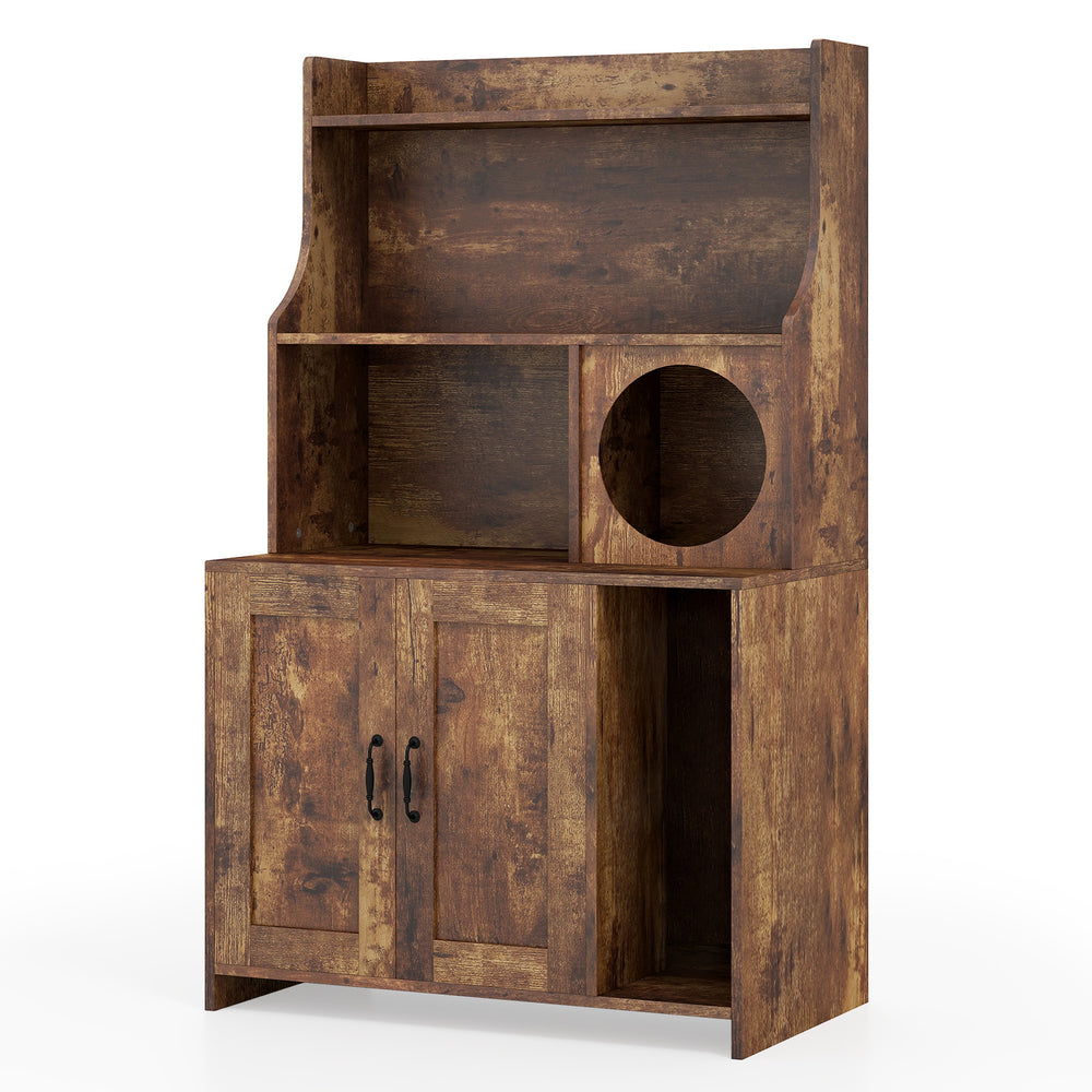 Brown wooden cat litter box enclosure with storage shelves, offering a spacious cabinet for supplies and a cozy cat.