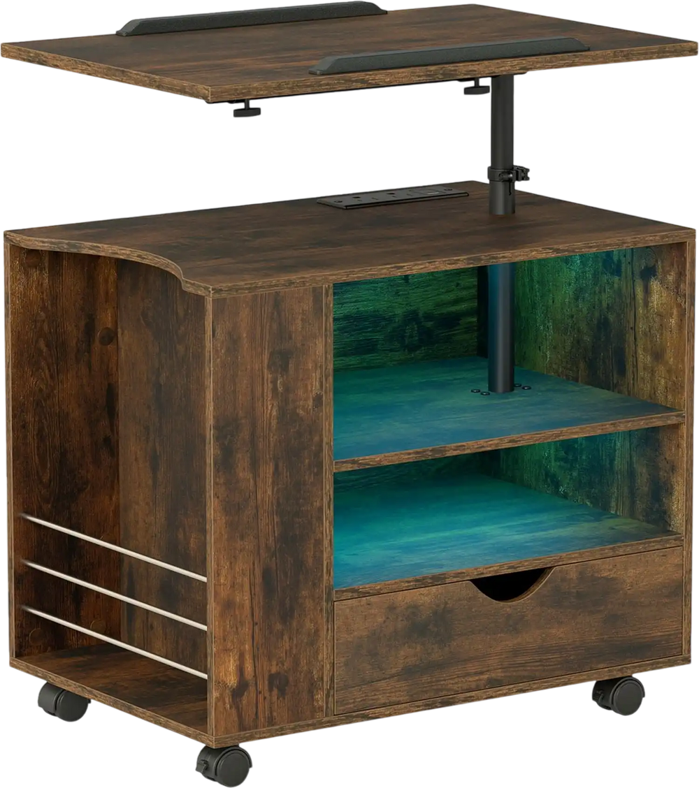 Modern wooden nightstand with charging station, LED lights, and adjustable height for versatile use in bedrooms or dorms.