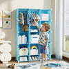Modular baby wardrobe in blue features 13 cubes, a hanging rod, and open shelves for organized storage in kids' spaces.